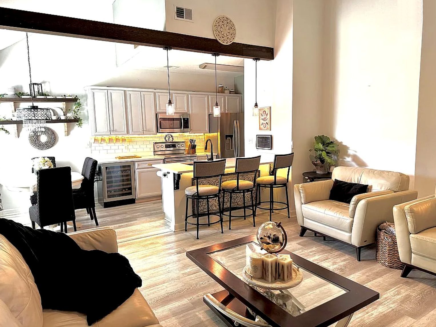 Open living room looking through to the kitchen island
